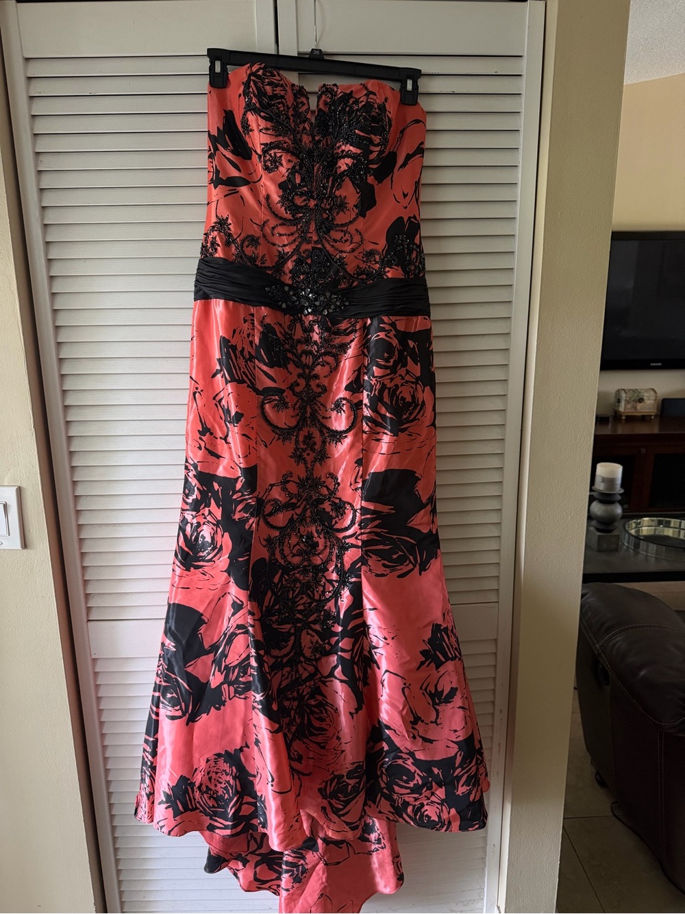Strapless Coral and Black Jovani Evening Gown